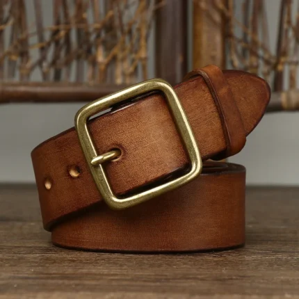 IronStitch™ 3.8cm Wide Vintage Leather Belt for Men – 100% Genuine Cowhide with Copper Pin Buckle 2