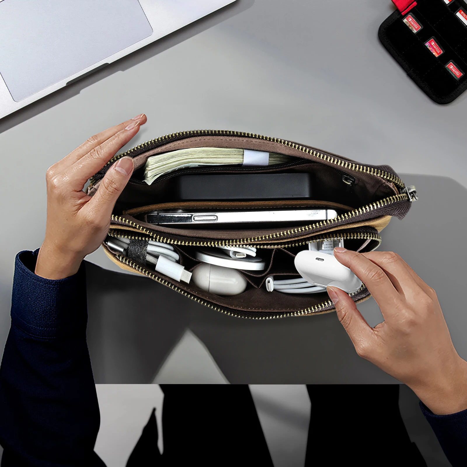 Genuine Leather Tech Clutch - Ultimate 5-Pocket NomadCharge™ Long Wallet 3