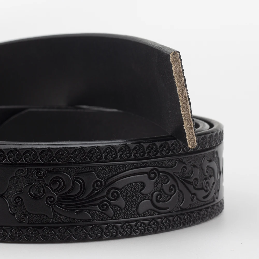 TrailFlora™ 3.8cm Vintage Embossed Split Leather Belt Strap – No-Buckle Floral Design for Men & Women 2