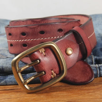 IronWard™ 3.8cm Vintage Double-Prong Cowhide Belt for Men – Handmade Heavy-Duty Jeans Strap in Brown 2