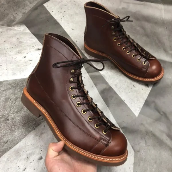 Men’s Handmade Cowhide Leather Motorcycle Boots – Ankle High, Retro Style, Waterproof, Steel Sole 2
