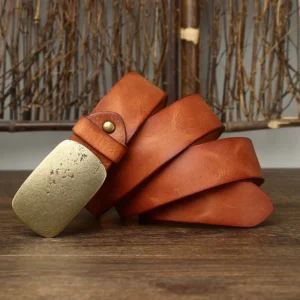 RegalEdge™ 3.3cm Premium Cowskin Leather Belt – Luxury Men’s Smooth Brass Buckle Strap 14