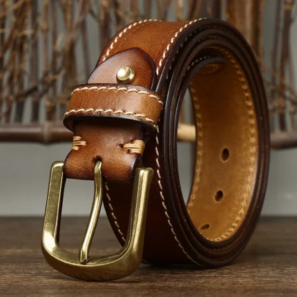 UrbanForge™ Korean Vintage Leather Belt for Men – 3.8CM Pure Cowhide with Brass Buckle, Handmade Fancy Retro Jeans Strap 1