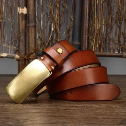 RegalEdge™ 3.3cm Premium Cowskin Leather Belt – Luxury Men’s Smooth Brass Buckle Strap 2