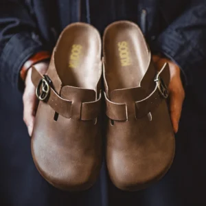 Vintage Brown Crazy Horse Leather Mules - Men's Adjustable Slide-On Shoes 1