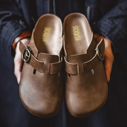 Vintage Brown Crazy Horse Leather Mules - Men's Adjustable Slide-On Shoes 1