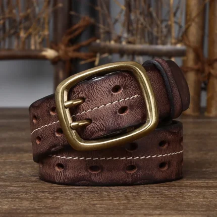 IronWard™ 3.8cm Vintage Double-Prong Cowhide Belt for Men – Handmade Heavy-Duty Jeans Strap in Brown 1