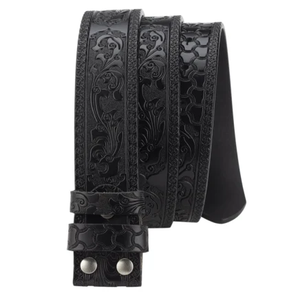 TrailFlora™ 3.8cm Vintage Embossed Leather Belt Strap – No-Buckle Floral Design for Men & Women 1