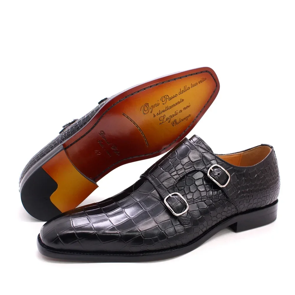 PrestigeTwin™ Genuine Cowhide Men’s Double-Buckle Croc-Print Monk Oxfords | Waterproof Dress Shoes 6