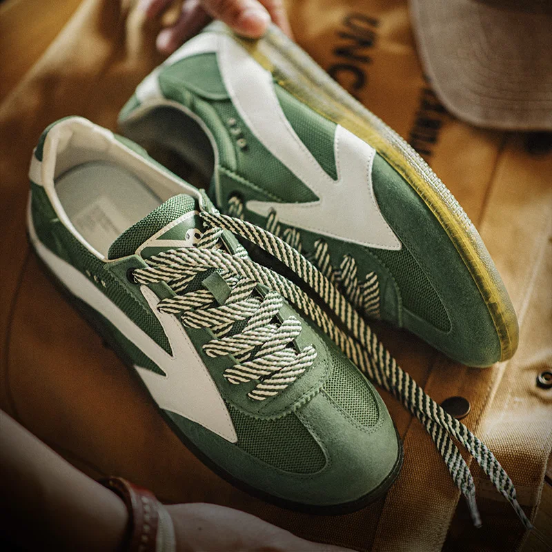 Retro German Trainer Sneakers – Men's Breathable Summer Mesh Patchwork Streetwear Shoes in Green 2