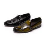 Hand-Painted Patent Leather Monk Strap Loafers for Men – Black & Green Formal Slip-On Dress Shoes 3