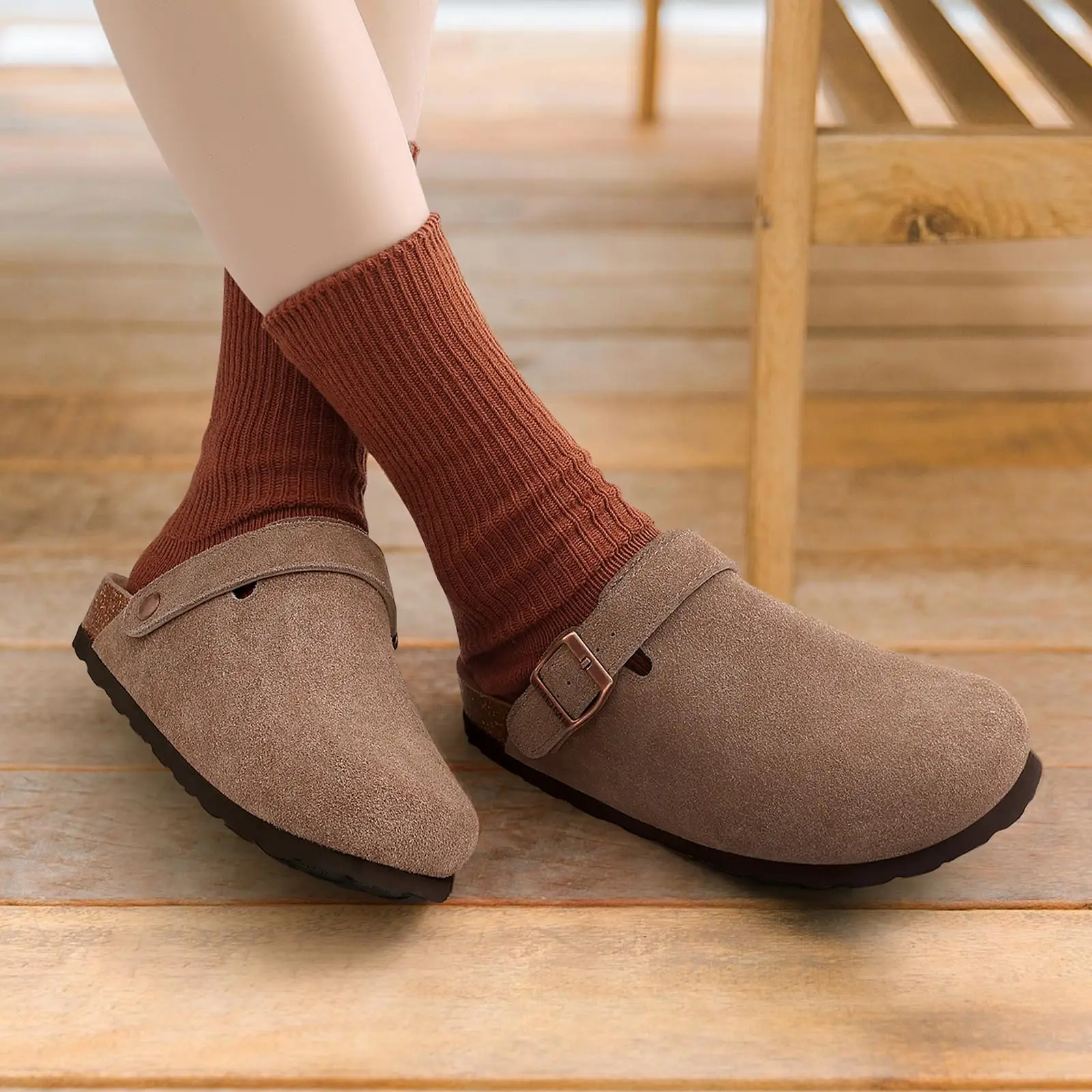 ComfortStep™ Women's Cow Suede Clogs – Cork Footbed Leather Mules with Arch Support & Adjustable Buckle 15