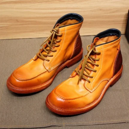 Handmade Men's Western Ankle Boots – Genuine Calfskin Leather, Lace-Up, Metal Toe, Winter Motorcycle Boots 2