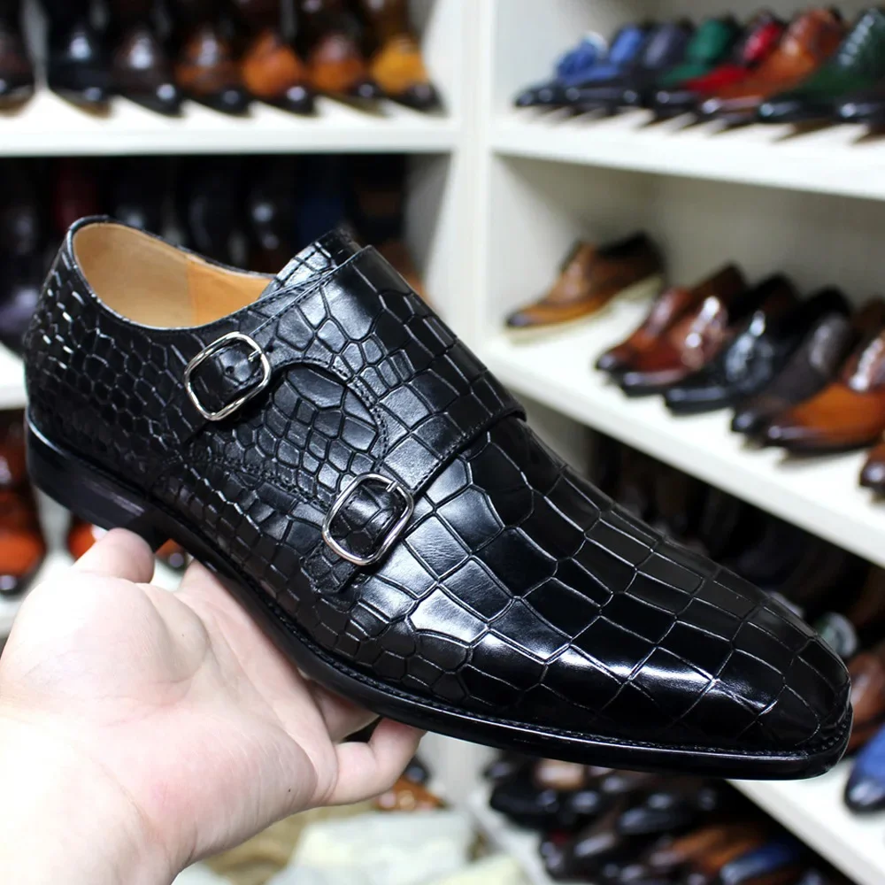 PrestigeTwin™ Genuine Cowhide Men’s Double-Buckle Croc-Print Monk Oxfords | Waterproof Dress Shoes 4