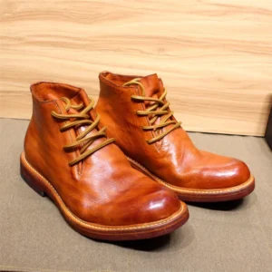 British Style Handmade Men’s Calf Leather Ankle Boots – Lace-Up Motorcycle Winter Boots with Leather Sole in Black, Brown, Gray 1