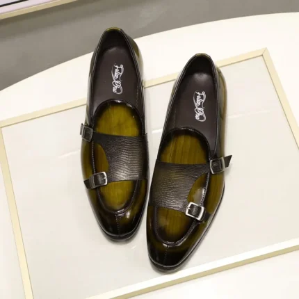 Hand-Painted Patent Leather Monk Strap Loafers for Men – Black & Green Formal Slip-On Dress Shoes 2