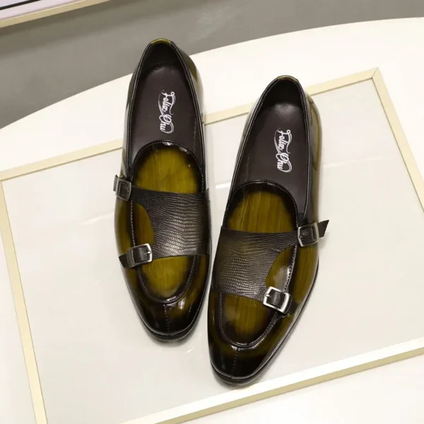 Hand-Painted Patent Leather Monk Strap Loafers for Men – Black & Green Formal Slip-On Dress Shoes 2