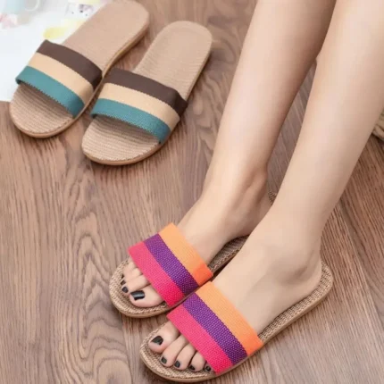 BreezEase™ Women’s Summer Linen Slippers – Lightweight Striped Hemp Slides with EVA Sole 1