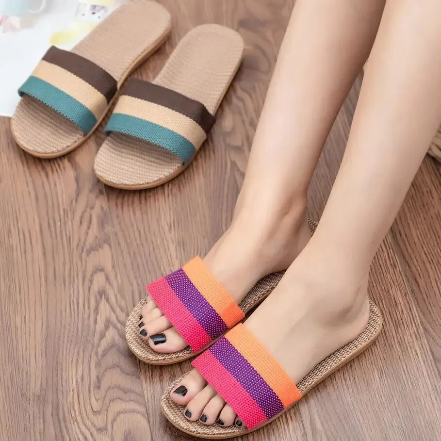 BreezEase™ Women’s Summer Linen Slippers – Lightweight Striped Hemp Slides with EVA Sole 1