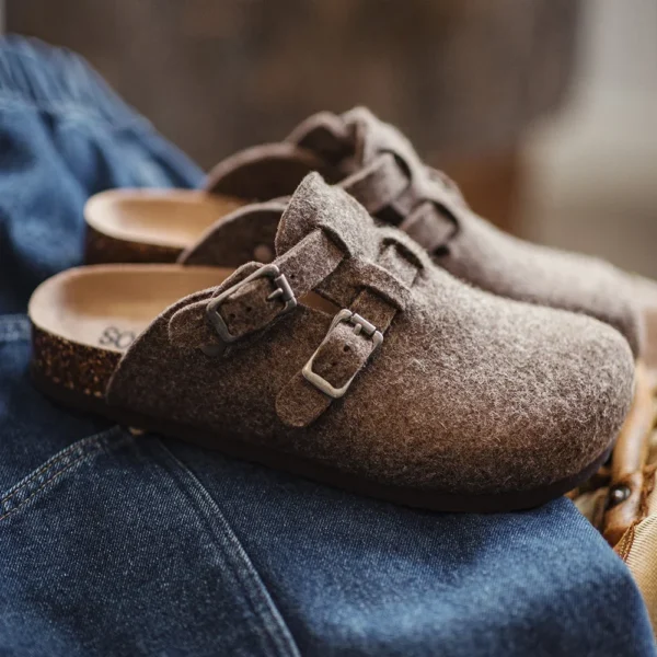 5-Star Premium Men’s Wool Felt Mules – Vintage Slip-On Cork-Sole Loafers 1