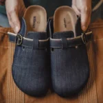 CorkCraft™ Men’s Vintage Denim Patchwork Cork Mules – Breathable Slip-On Sandals with Adjustable Buckle for Summer Outdoor & Home (Blue) 1