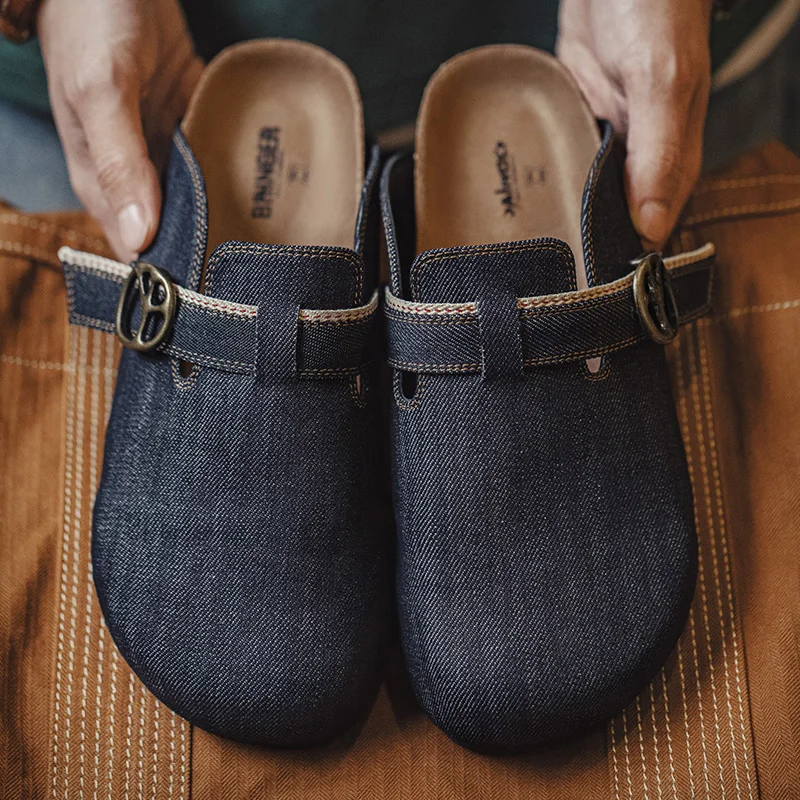CorkCraft™ Men’s Vintage Denim Patchwork Cork Mules – Breathable Slip-On Sandals with Adjustable Buckle for Summer Outdoor & Home (Blue) 1 CorkCraft™ Men’s Vintage Denim Patchwork Cork Mules – Breathable Slip-On Sandals with Adjustable Buckle for Summer Outdoor & Home (Blue) 1