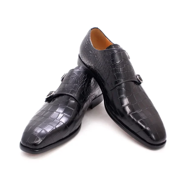 PrestigeTwin™ Genuine Cowhide Men’s Double-Buckle Croc-Print Monk Oxfords | Waterproof Dress Shoes 25