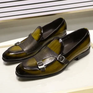 Hand-Painted Patent Leather Monk Strap Loafers for Men – Black & Green Formal Slip-On Dress Shoes 1
