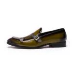Hand-Painted Patent Leather Monk Strap Loafers for Men – Black & Green Formal Slip-On Dress Shoes 12