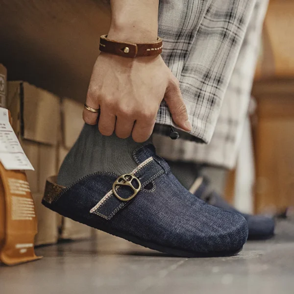 CorkCraft™ Men’s Vintage Denim Patchwork Cork Mules – Breathable Slip-On Sandals with Adjustable Buckle for Summer Outdoor & Home (Blue) 2
