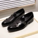 Hand-Painted Patent Leather Monk Strap Loafers for Men – Black & Green Formal Slip-On Dress Shoes 4