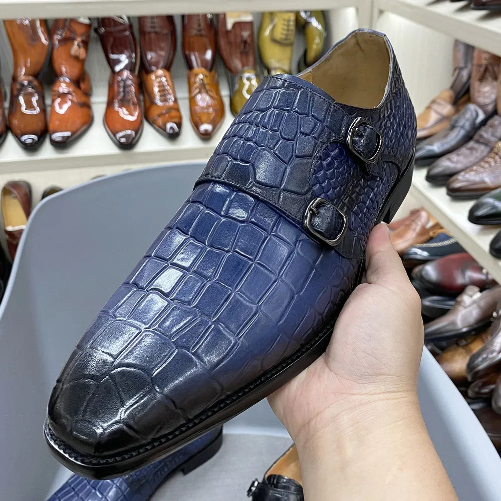 PrestigeTwin™ Genuine Cowhide Men’s Double-Buckle Croc-Print Monk Oxfords | Waterproof Dress Shoes 5