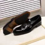 Hand-Painted Patent Leather Monk Strap Loafers for Men – Black & Green Formal Slip-On Dress Shoes 6
