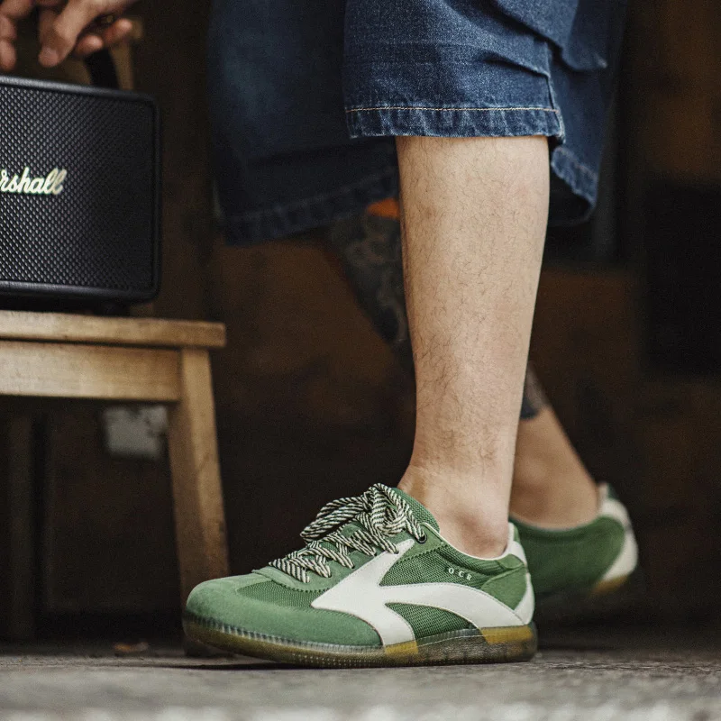 Retro German Trainer Sneakers – Men's Breathable Summer Mesh Patchwork Streetwear Shoes in Green 4