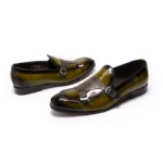 Hand-Painted Patent Leather Monk Strap Loafers for Men – Black & Green Formal Slip-On Dress Shoes 11