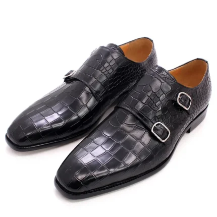 PrestigeTwin™ Genuine Cowhide Men’s Double-Buckle Croc-Print Monk Oxfords | Waterproof Dress Shoes 3