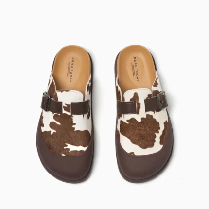 Women's Cow Leather Buckle Slippers – Handmade Cow Pattern Casual Flats 2