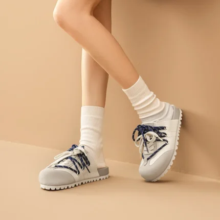 Women's Cow Suede Cross-Tied Mules – Handmade Patchwork Casual Flats for Spring & Autumn 2