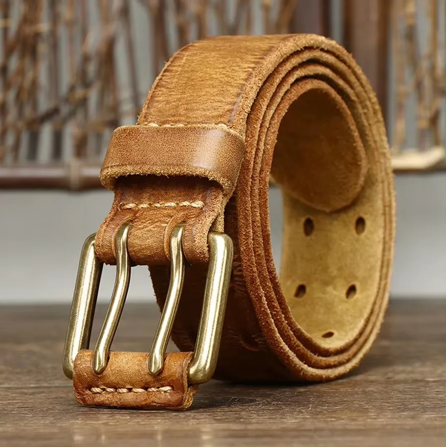 IronHide™ 3.8CM Handmade Men Leather Belt – Copper Buckle Vintage Cowhide Jeans Belt 4