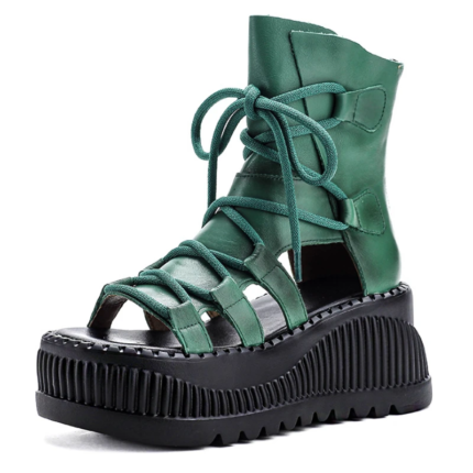 SkyWedge Ethno™ | Women's 8cm Genuine Cow Leather Peep-Toe Wedge Booties