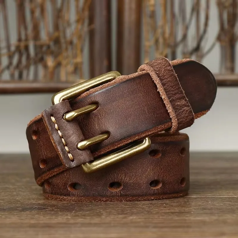 IronHide™ 3.8CM Handmade Men Leather Belt – Copper Buckle Vintage Cowhide Jeans Belt 2