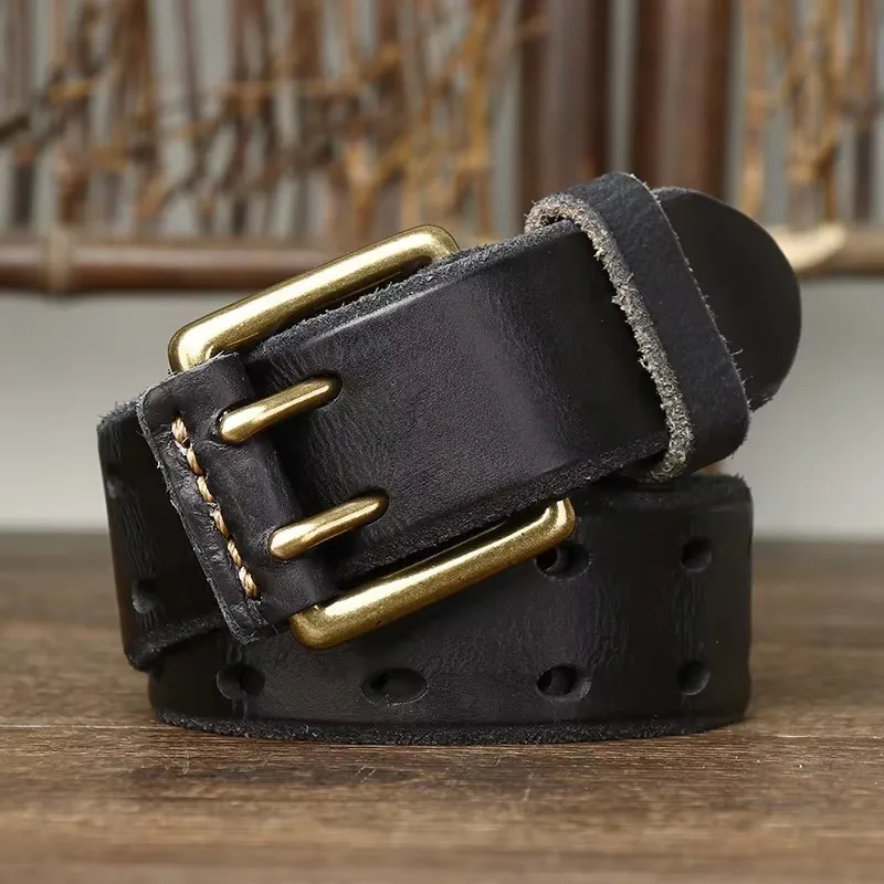IronHide™ 3.8CM Handmade Men Leather Belt – Copper Buckle Vintage Cowhide Jeans Belt 3