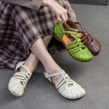 RomaWeave™ Women’s Retro Cowhide Roman Sandals Genuine Leather Weaving Hollow-out Women's Flat Shoes 2