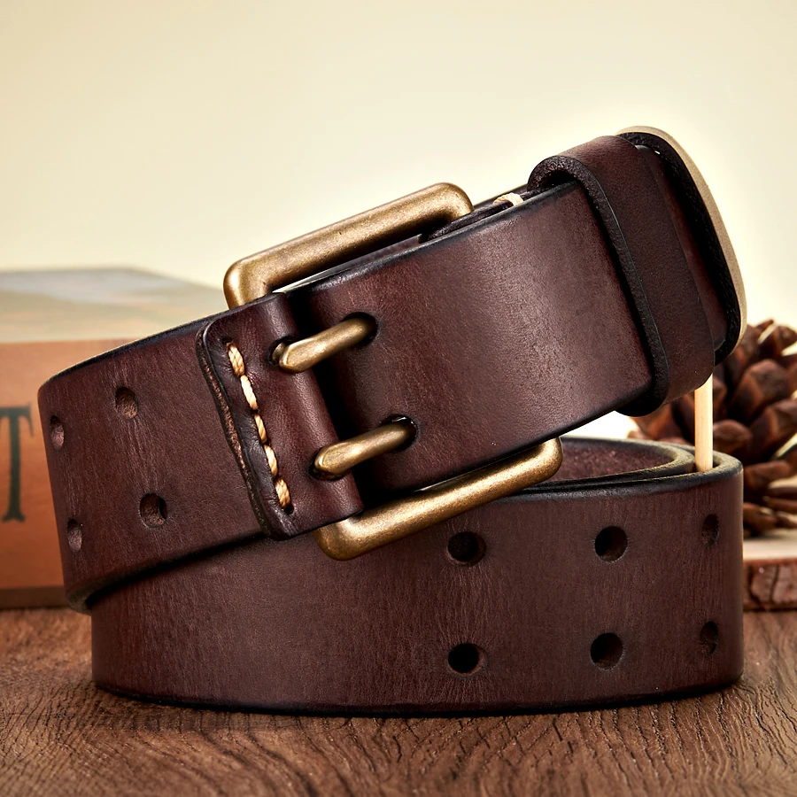 RustRidge™ 3.8CM Handmade Cowhide Leather Belt for Men – Copper Buckle Cowboy Belt 1