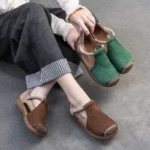 RetroBlend™ Women’s Mixed-Color Hollow Leather Sandals – Genuine Leather, Round Toe, Retro Style 3