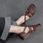 RomaWeave™ Women’s Retro Cowhide Roman Sandals Genuine Leather Weaving Hollow-out Women's Flat Shoes 3
