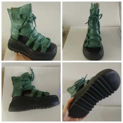 SkyWedge Ethno™ | Women's 8cm Genuine Cow Leather Peep-Toe Wedge Booties 3