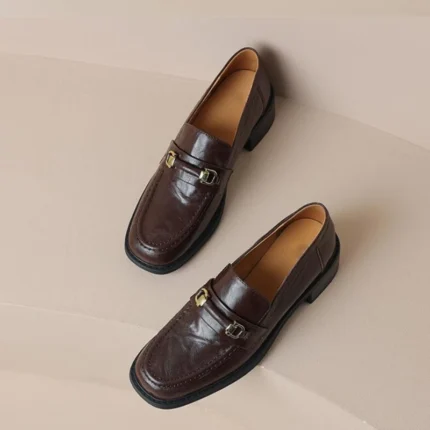 Lorelai™ Women’s Non-Slip Genuine Leather Square-Toe Retro Loafers - Metal Buckle (EU34-40) 1