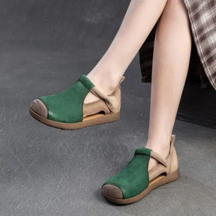 RetroBlend™ Women’s Mixed-Color Hollow Leather Sandals – Genuine Leather, Round Toe, Retro Style 2