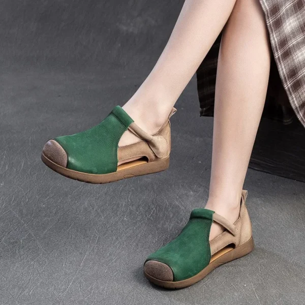 RetroBlend™ Women’s Mixed-Color Hollow Leather Sandals – Genuine Leather, Round Toe, Retro Style 2